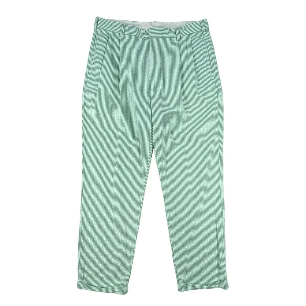 VTG Jos A Bank Mens Green White Seersucker Pleated Pants Striped Trousers 36x32